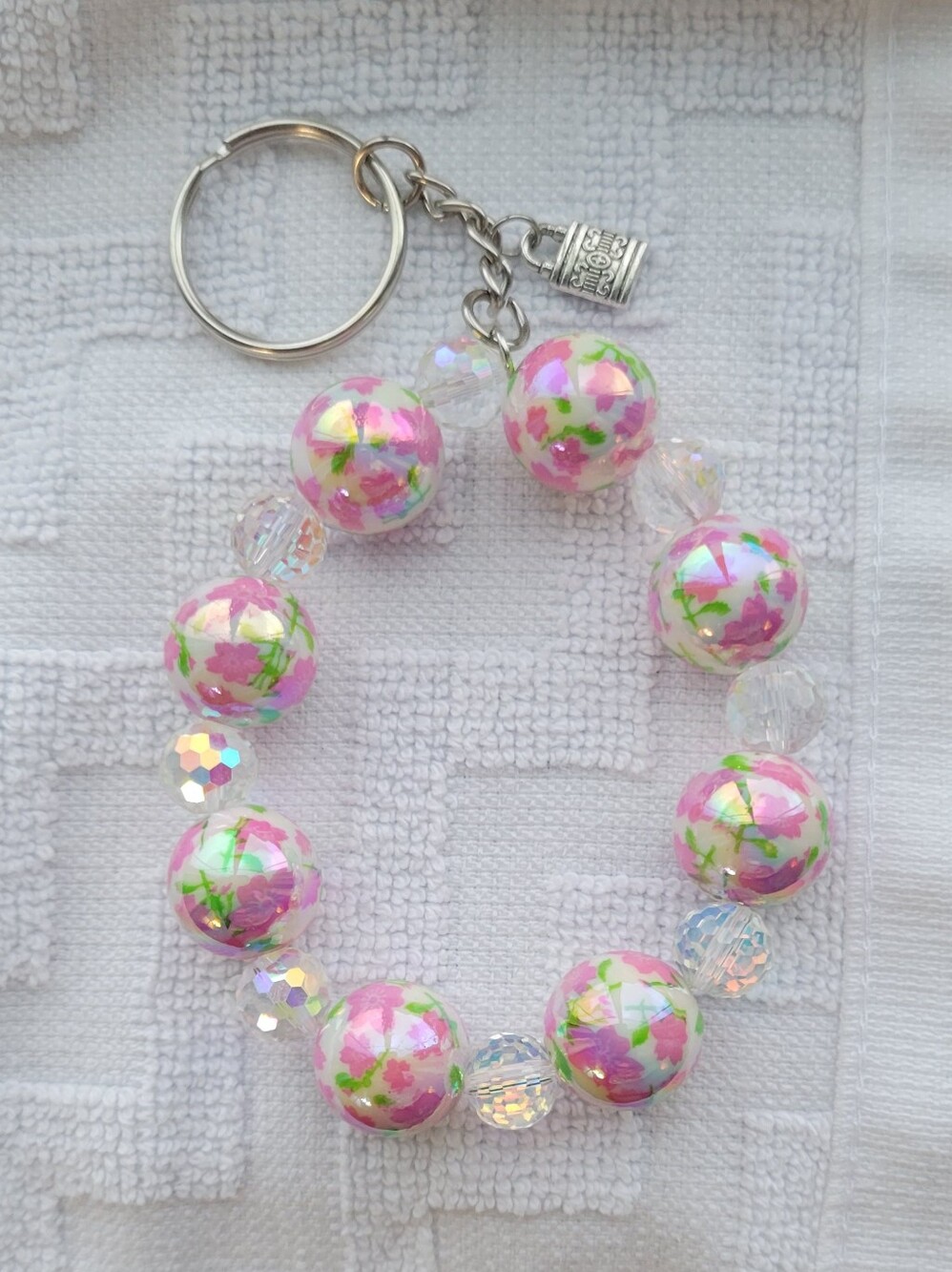 Pink Floral Bead Bracelet Keychain for Women